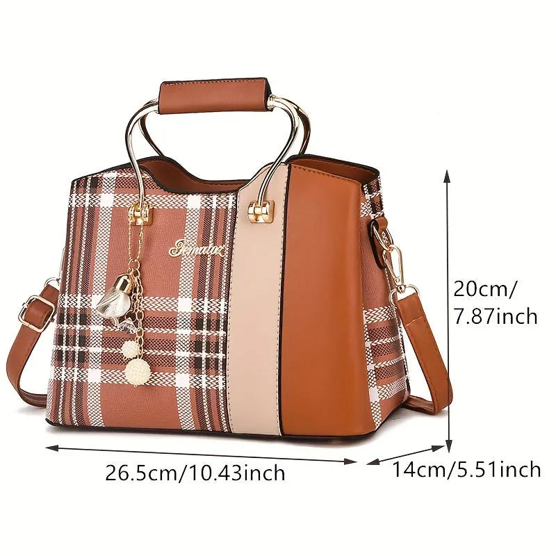[Elegant Tote Bag] Elegant Plaid Tote Bag | Detachable Shoulder Strap & Zipper Closure, Black with Golden Accents, Charm Charms & Oil-Edged Trim, Versatile Handbag for Casual & Formal Outfits, Retro Handbag, Formal Accessory, Chic Le'Meek