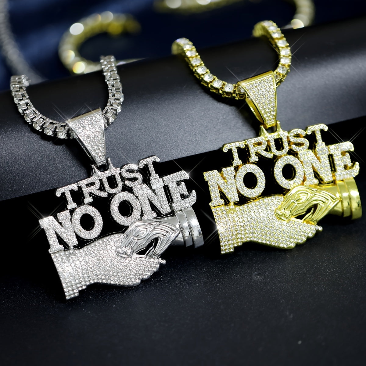 3pcs/set Unisex Shiny Stacking Letter TRUST NO ONE Pandent Big Heavy Necklace, Punk Hip Hop Street Style Necklace Set Iced Out Cuban Chain Bling Rhinestone Jewelry