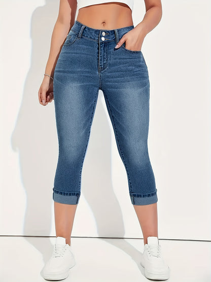 Soft, Comfortable, and Flattering Denim Pants for Curvy Figures - Casual, Mid-Length, Cuffed Hem, Solid Color, All-Season Fashion Essential