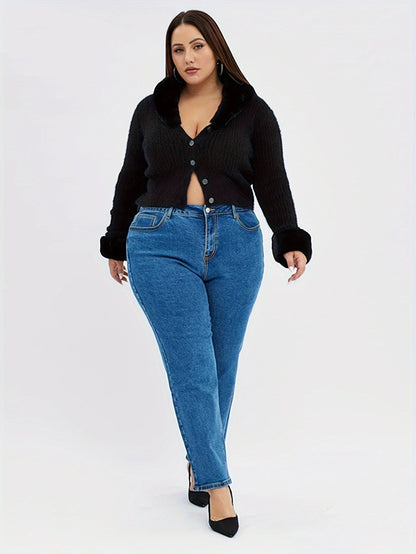 Plus Size Tapered Jeans For Women High Waist Strethcy Pants Full Length Denim Jeans Light Blue Mom Pants