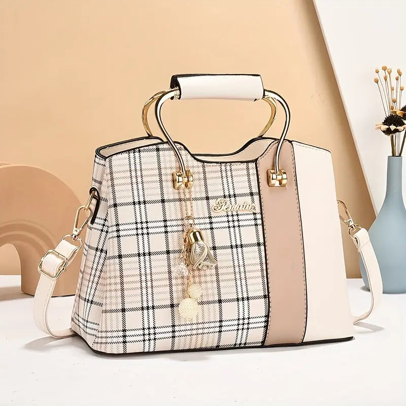 [Elegant Tote Bag] Elegant Plaid Tote Bag | Detachable Shoulder Strap & Zipper Closure, Black with Golden Accents, Charm Charms & Oil-Edged Trim, Versatile Handbag for Casual & Formal Outfits, Retro Handbag, Formal Accessory, Chic Le'Meek