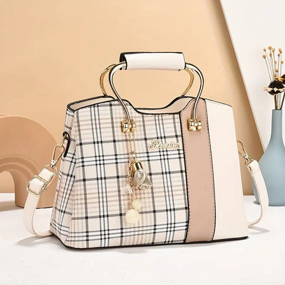 [Elegant Tote Bag] Elegant Plaid Tote Bag | Detachable Shoulder Strap & Zipper Closure, Black with Golden Accents, Charm Charms & Oil-Edged Trim, Versatile Handbag for Casual & Formal Outfits, Retro Handbag, Formal Accessory, Chic Le'Meek
