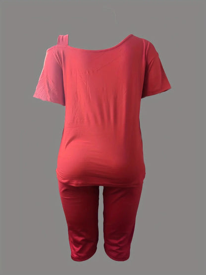 Women's Off-Shoulder Short Sleeve T-Shirt and Capri Pants Set - Casual Spring/Summer Outfit, Stylish Two-Piece Look, Polyester Blend, Asymmetrical Neckline, Perfect for Casual Attire, Casual Attire|Asymmetrical Neckline Top|P Chic Le'Meek