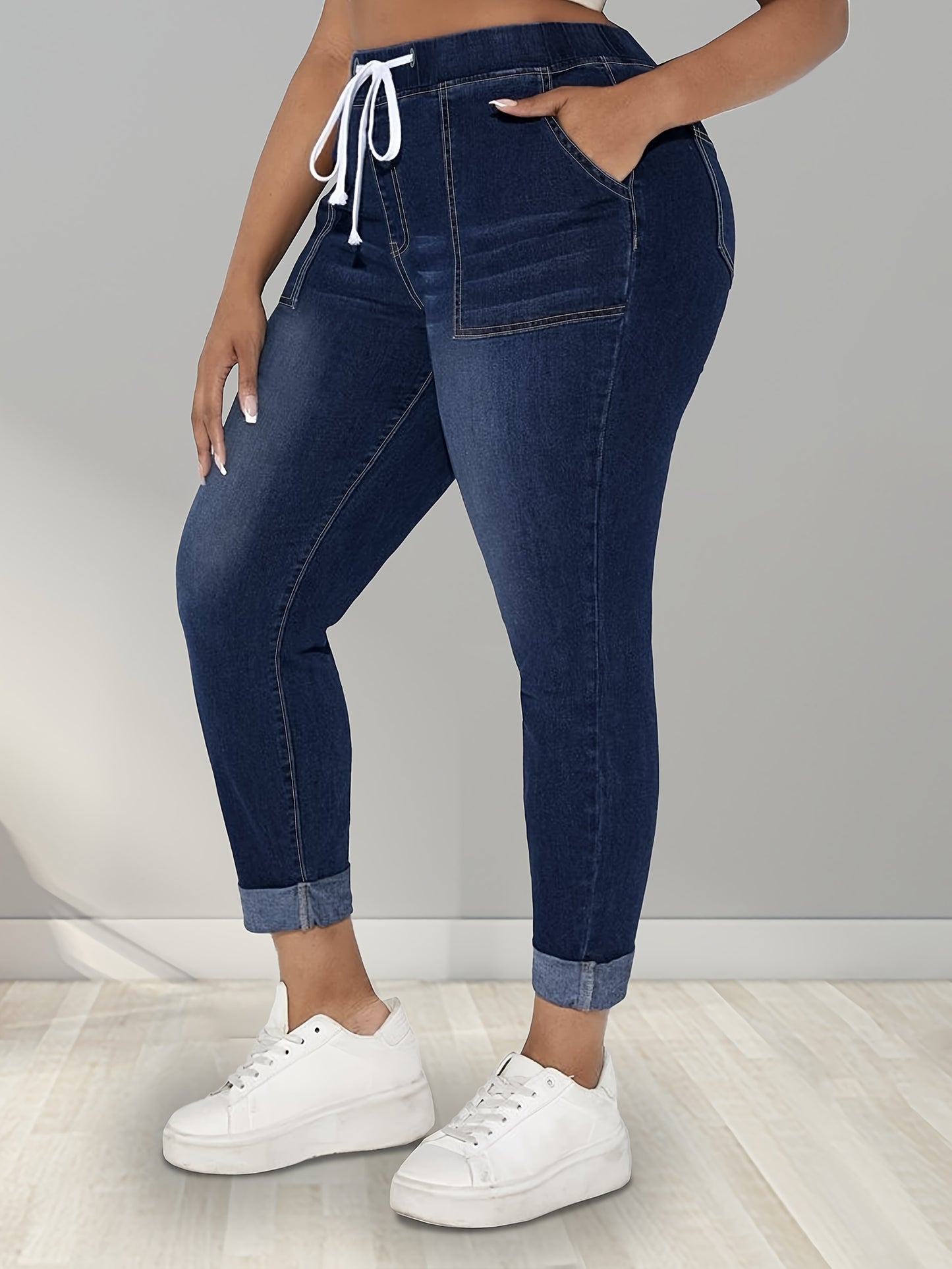 Plus Size Womens Fashionable Skinny Jeans - Comfort Drawstring Waist, Stretchy Denim, Trendy Slash Pockets, Roll Up Hem Casual Pants