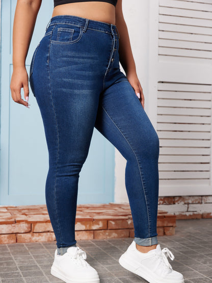 Plus Size Casual Jeans, Women's Plus Button Fly Roll Up Buckle Hem High Stretch Jeans