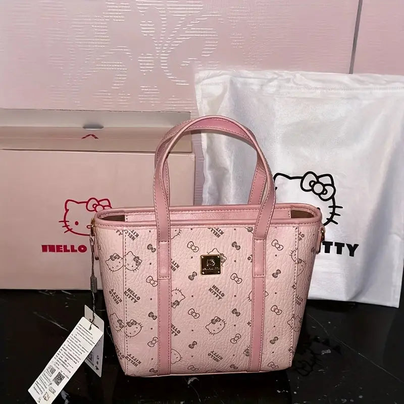 Hello Kitty Faux Leather Top-Handle Bag - Pink, Lightweight, Fixed Shoulder Straps, Zipper Closure | Includes Clutch for Women Chic Le'Meek