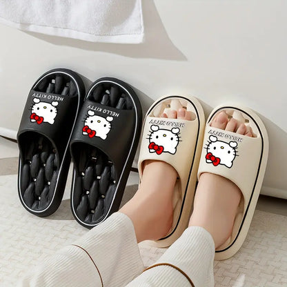 Sanrio Hello Kitty Kawaii Cartoon Slides - Unisex Breathable Soft Sole EVA Slippers, Comfortable Non-Slip Casual Shoes for Indoor & Outdoor Use, Black & Cream Design with Red Bows, Cute Slippers Chic Le'Meek