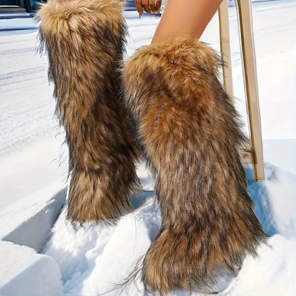 Fashion Faux Fur Knee High Boots - Women's Solid Color Snow Boots, Comfortable Chic Le'Meek