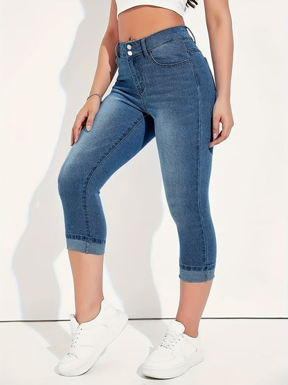 Soft, Comfortable, and Flattering Denim Pants for Curvy Figures - Casual, Mid-Length, Cuffed Hem, Solid Color, All-Season Fashion Essential