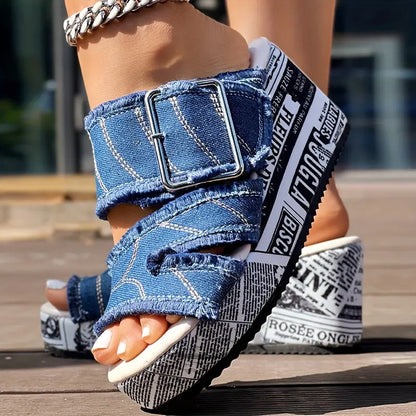 Newspaper Buckle Denim Wedge Slippers - Without Anklet Chic Le'Meek