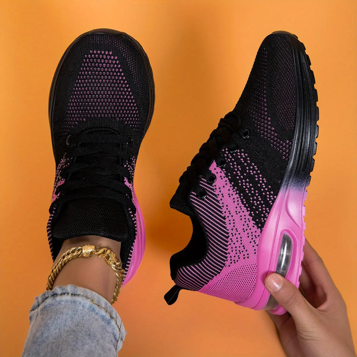 Women's Plus Size Air Cushion Sneakers - Breathable Mesh & Stabilizing Support, All-Season Comfort Casual Running & Fitness Shoes, Stylish Red Sneakers with PU Sole & Fabric Lining, Ladies Sneakers, Vibrant Gradient Design, F Chic Le'Meek