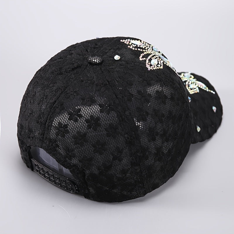 Adjustable Rhinestone Embellished Baseball Cap - Breathable, Knitted, Toggle Closure, Elegant Design for Women