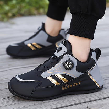 Men's Low-Top PU Sneakers with Rotating Buckle - Breathable Fabric Insole, Elastic Band Closure, and Durable PVC Sole for All-Season Outdoor Activities