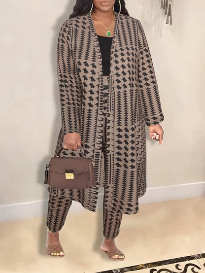 Plus Size Trendy Outfits Set, Women's Plus Houndstooth Print Long Sleeve Open Front Long Cardigan & Pants Outfits Two Piece Set