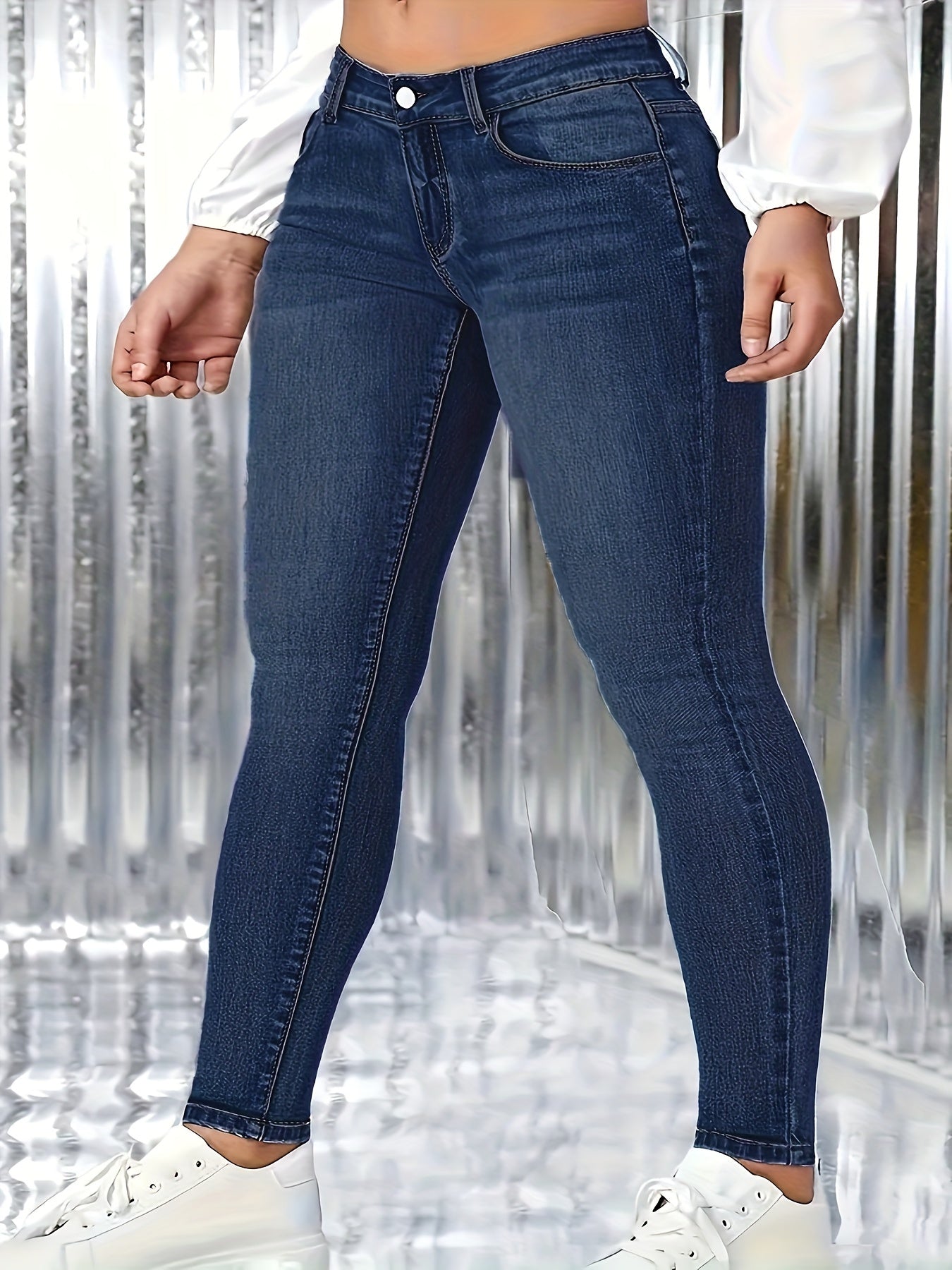 Plus Size Plain Skinny Fit Washed Blue Casual Style Zipper Button Closure Denim Pants, Women's Denim Jeans & Clothing