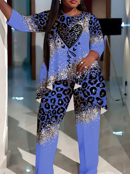 Leopard & Heart Print Plus-Size Set for Women - High-Low Hem, 3/4 Sleeves, Crew Neck Top & Pants Chic Le'Meek
