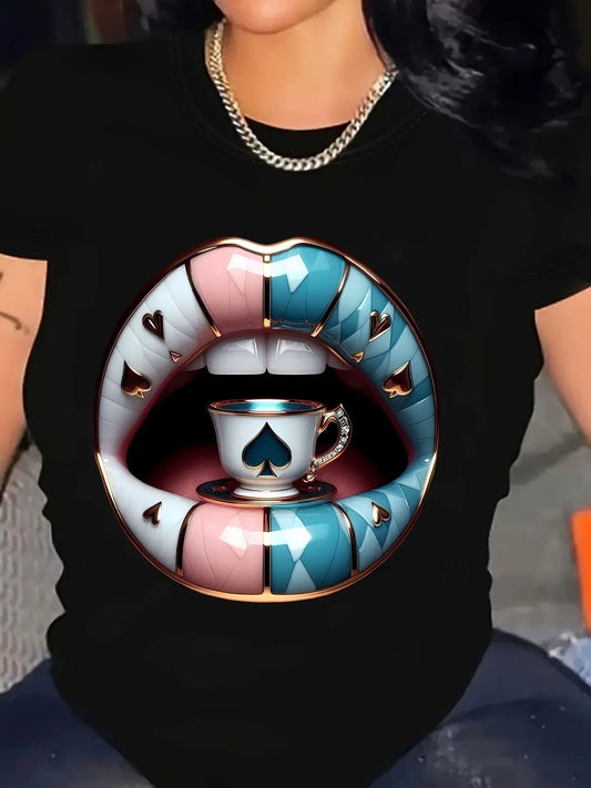 Pluse Size Women'S Plus Size Lip Print T-Shirt- Short Sleeve, Lightweight& Comfortable Casual Tee with Unique Geometric Design, with Blue Pink and White Lips Graphic, Perfect for Spring/Summer Chic Le'Meek