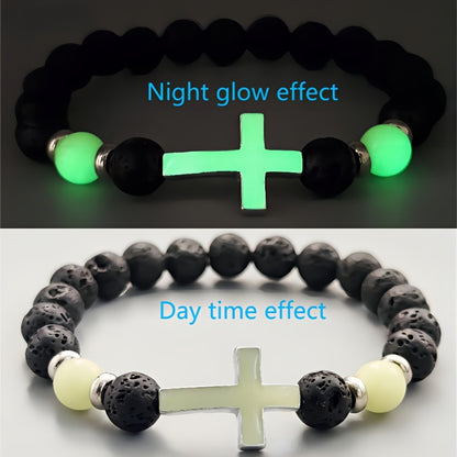 1pc Volcano Stone Night Glow Retro Bracelet, Multi Color Glowing Cross Bead Jewelry For Men, Father's Day Gift