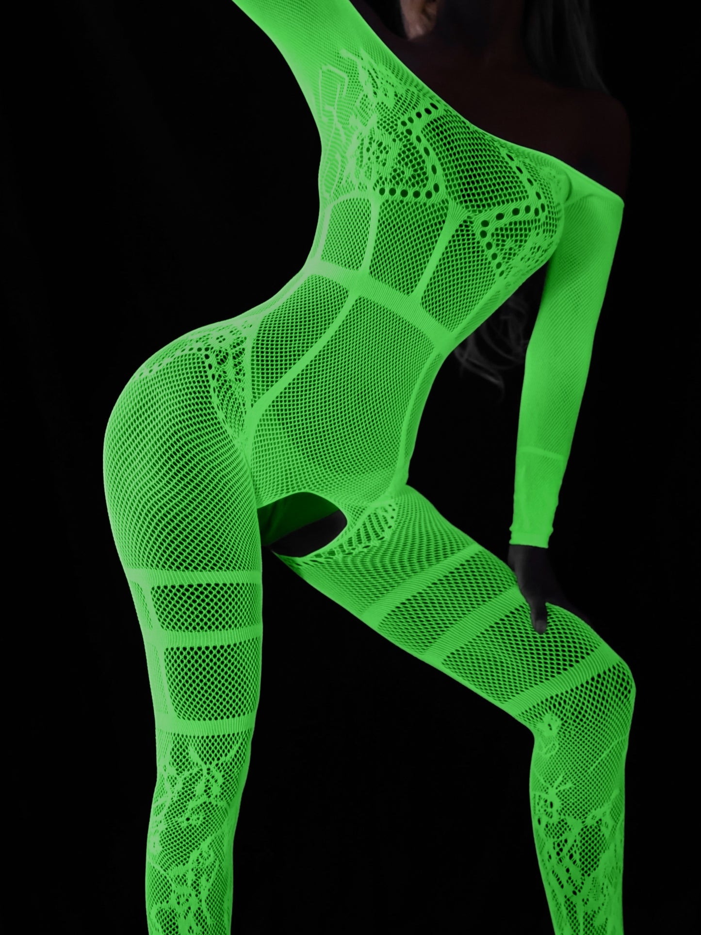 Crotchless, Luminous Fishnet Pattern, Polyester Knit Fabric Full Body Stocking for Adult