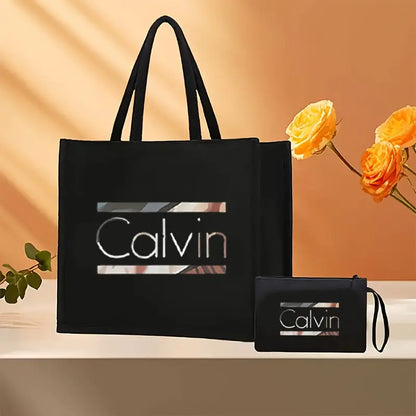 [Chic Calvin Print Set] Durable Two-Piece Canvas Tote & Cosmetic Bag Set Temu