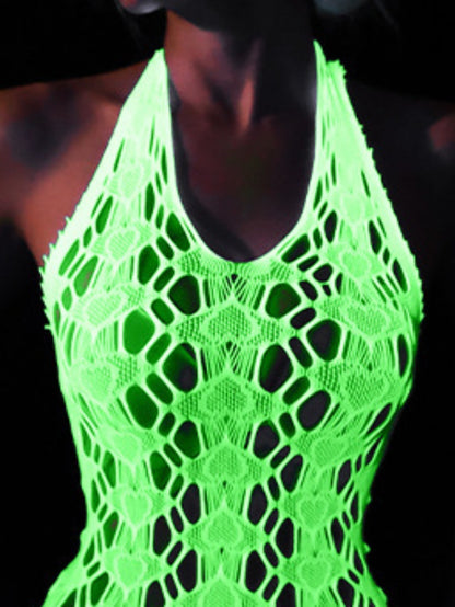 Luminous Erotic Net Dress, Sexy Skeleton Luminous Jumpsuit, Open Crotch Free Jumpsuit