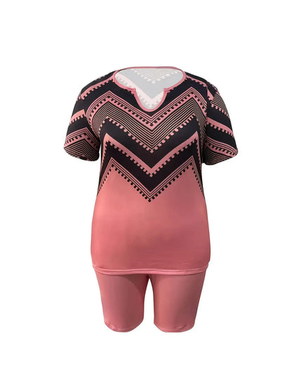 Womens Plus Size Bohemian Two Pieces Set Casual Elegant Shorts Set, V Neck Short Sleeve Top & Shorts Outfits For Spring, Fall & Summer, Comfortable Polyester For Casual Attire, Versatile Clothing, Women'S Plus Size Clothing Chic Le'Meek