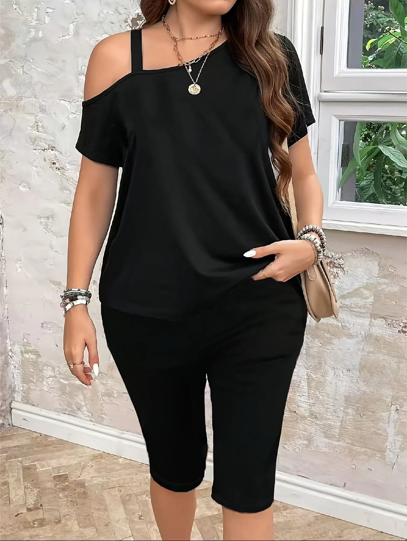 Women's Off-Shoulder Short Sleeve T-Shirt and Capri Pants Set - Casual Spring/Summer Outfit, Stylish Two-Piece Look, Polyester Blend, Asymmetrical Neckline, Perfect for Casual Attire, Casual Attire|Asymmetrical Neckline Top|P Chic Le'Meek