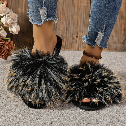 Cozy Faux Fur Slippers - Soft, Plush, Open-Toe Design for Comfortable Indoor Wear - Perfect for Relaxation at Home