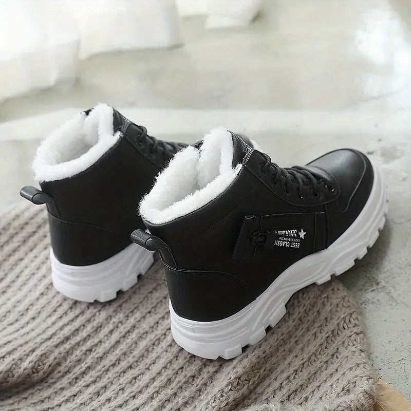 [Warm Fleece-Lined Winter Boots] Warm Fleece-Lined Women's Winter High-Top Boots - Thick Rubber Sole, Lace-Up Casual Style, White & Beige, Perfect for Cold Weather Comfort Chic Le'Meek