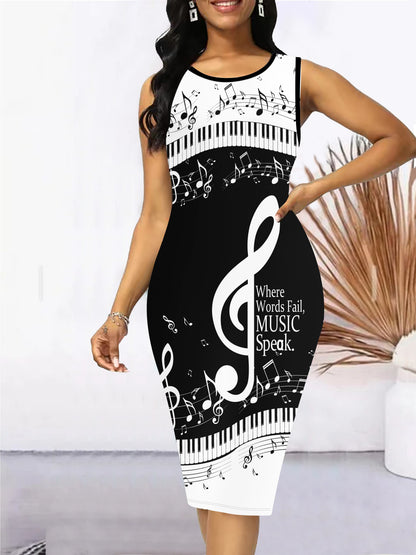 Plus Size Elegant Music Note Print Bodycon Tank Dress - Crew Neck, Medium Stretch Polyester, Machine Washable - Perfect for Spring and Summer