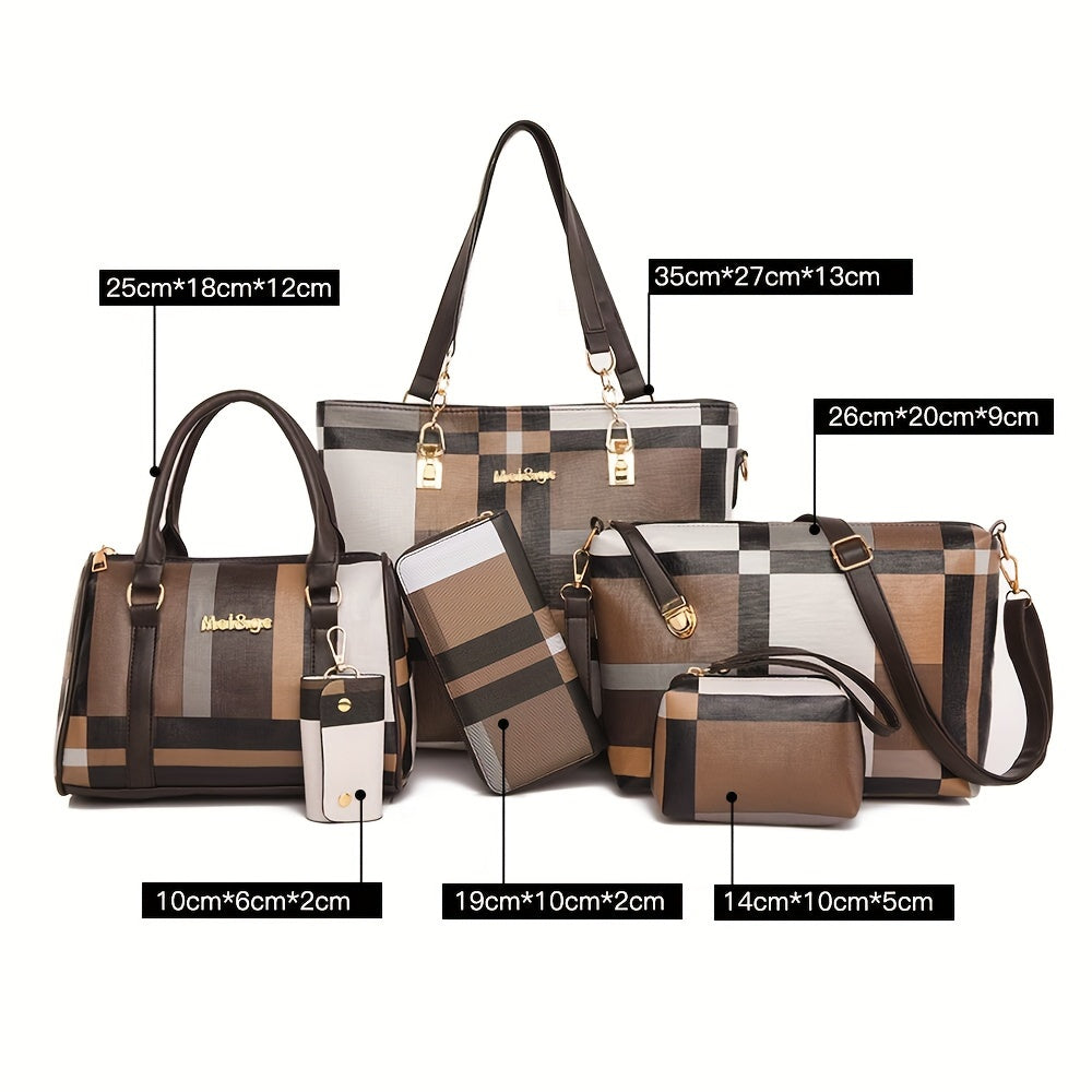 Chic 6-Piece Checkered Handbag Set for Women - Durable Faux Leather Tote, Crossbody & Shoulder Bags - Versatile Style for Everyday Use