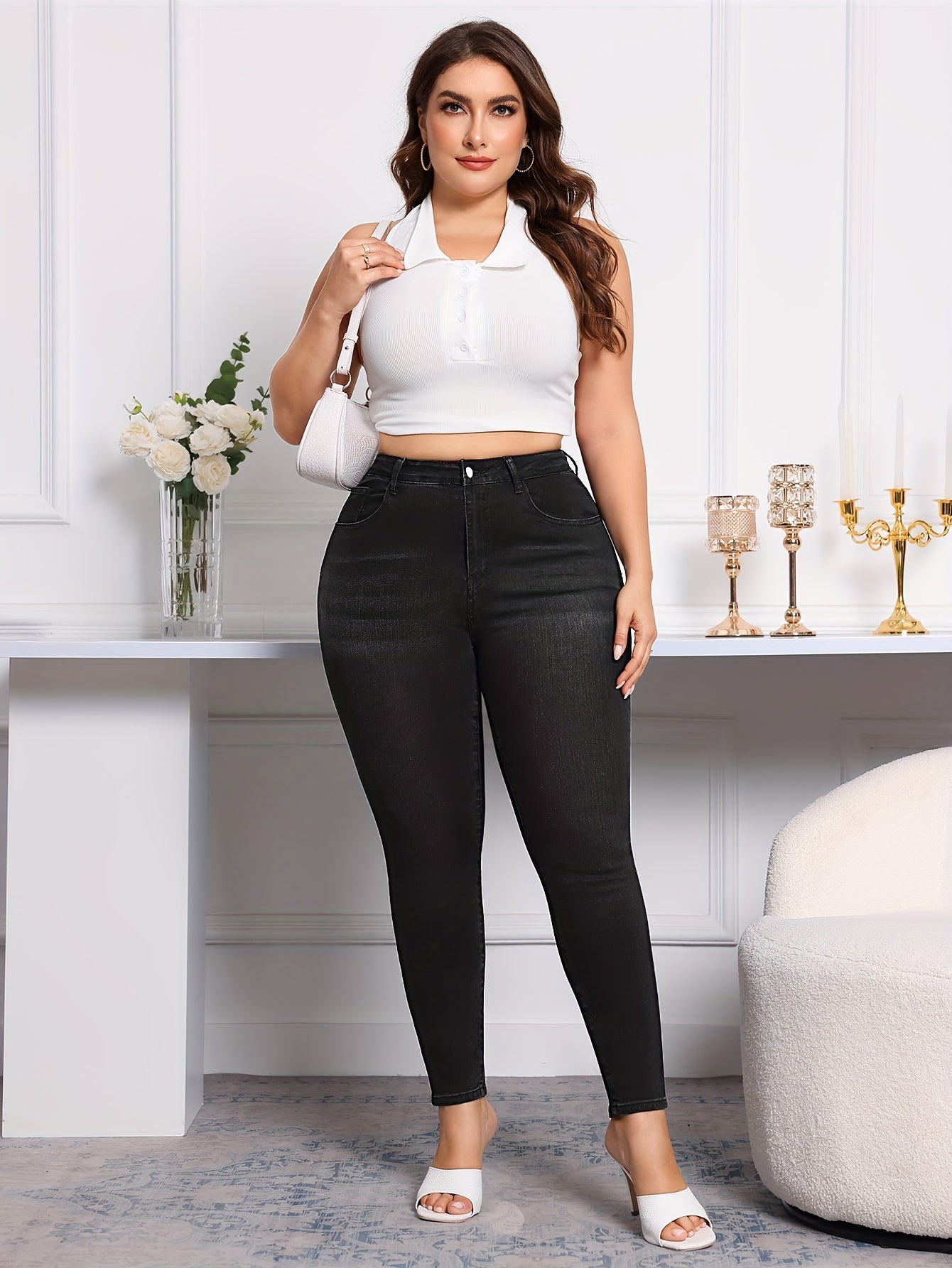 Black Color Plain Stretchy Skinny Fit Plus Size Denim Pants, Women's Denim Jeans & Clothing