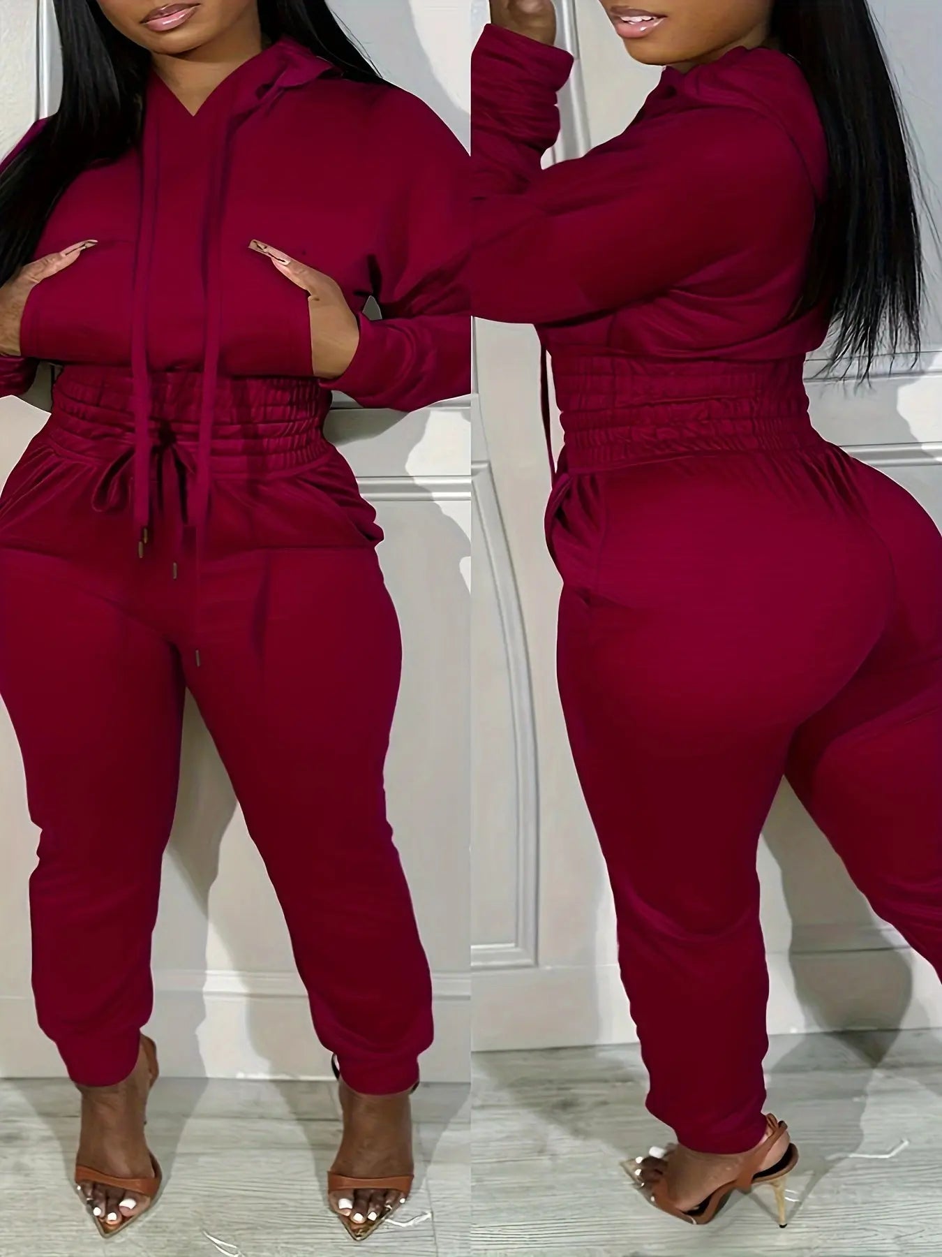 [Plus Size Elasticated Tunic Jogging] Plus Size Solid Elasticated Tunic Hooded Jogging Set Temu