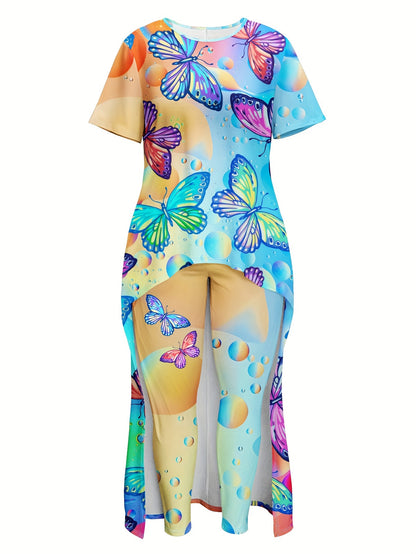 Plus Size Two-Piece Outfit - Vibrant Butterfly Print, Classic Crew Neck, Comfortable Short Sleeves, Trendy Irregular Hem - Designed for Curvy Women, Complete Set with Stylish Top and Coordinating Pants