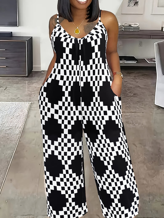 Plus Size Geo Print Crew Neck Slingback Cami Jumpsuit - Casual, Pocketed, Medium Stretch, Machine Washable, Random Plaid Pattern - Perfect for Summer, Womens Customized Clothing