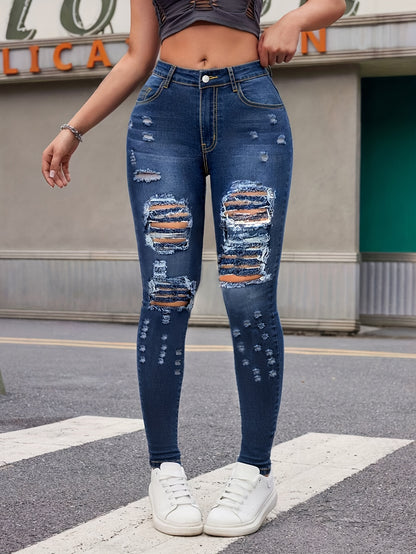 Women's Plus Size Stretchy Skinny Jeans, Ripped Distressed Denim, Basic Style Ankle-Length Denim Pants