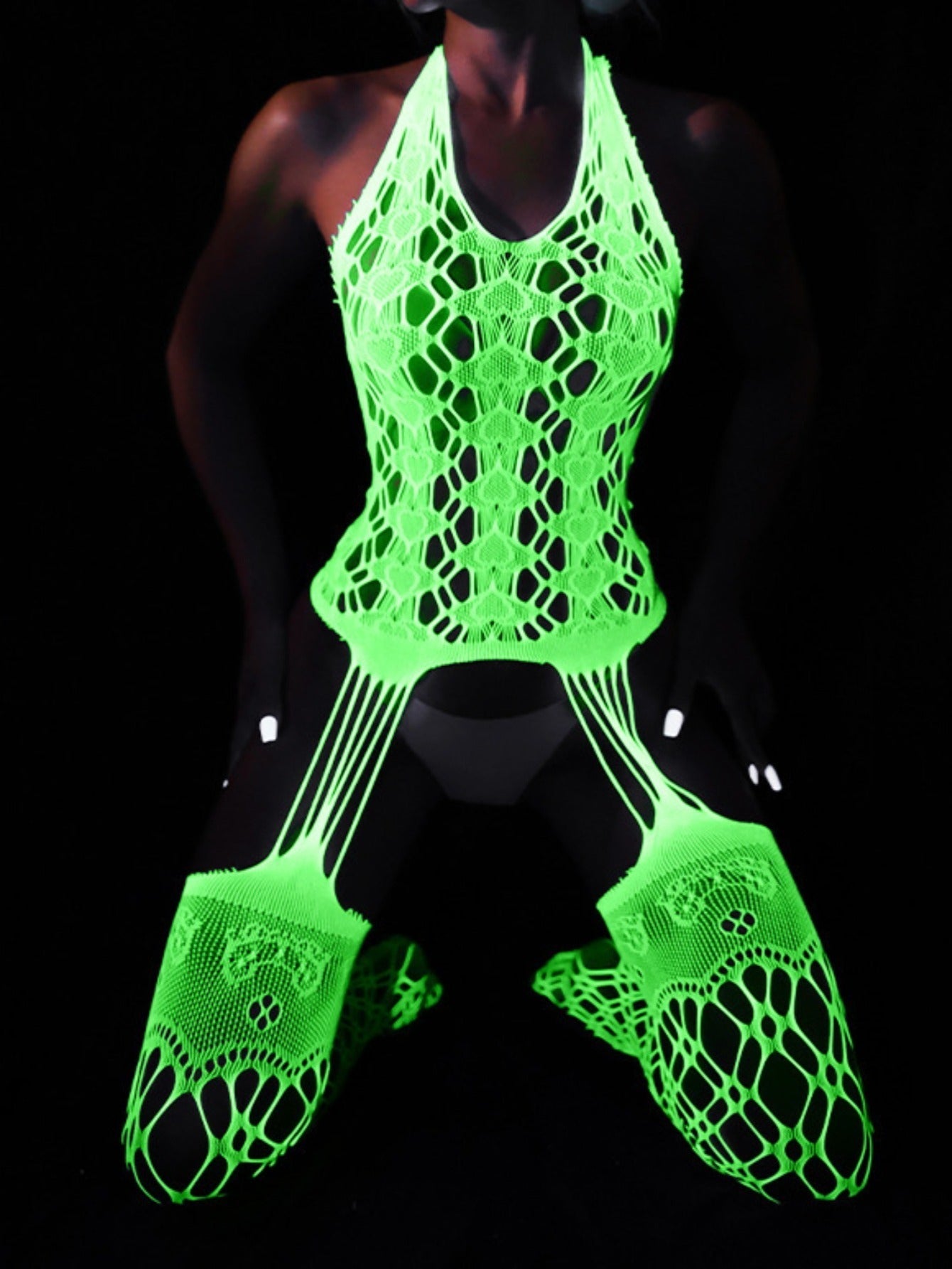 Luminous Erotic Net Dress, Sexy Skeleton Luminous Jumpsuit, Open Crotch Free Jumpsuit