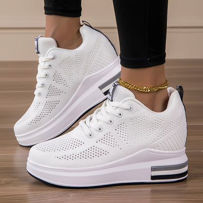 Women's Breathable Knit Platform Sneakers, Casual Lace Up Outdoor Shoes, Comfortable Internal Heightening Shoes