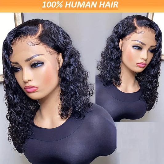 16 150% Density Deep Wave Curly Bob Wig - 13x4 Transparent Lace Front, Pre-Plucked Hairline, Natural Black, Baby Hair, Soft and Breathable, Suitable for All Women