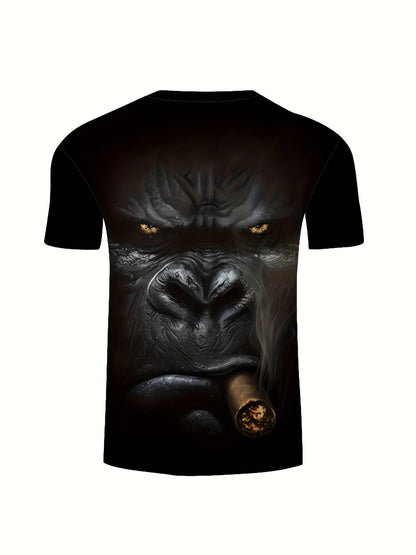 Plus Size Mens Fashion-Forward 3D Gorilla Print Tee - Vivid Summer Street Style, Breathable Short Sleeves, Premium Quality