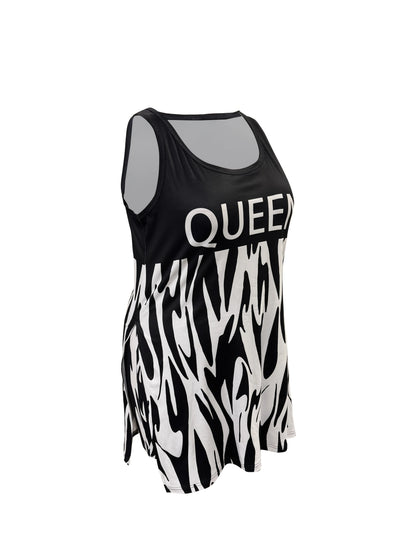 Two Piece Set of Plus Size Fashionable Vest And Shorts, with a Slit at The Hem And Queen Letter Print Chic Le'Meek