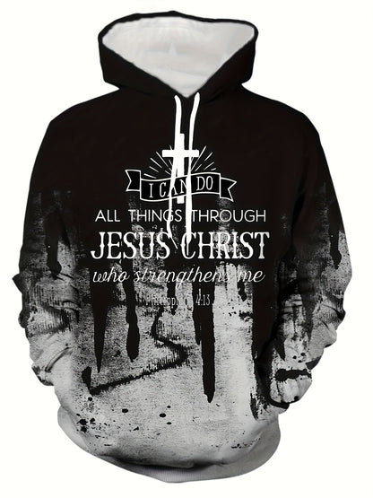 JESUS CHRIST Print Men's Casual Long Sleeve Hoodie With Drawstring Pockets, Trendy 3D Letter Graphic Hooded Pullover Sweatshirt Loungewear Top Daily Tops For Autumn