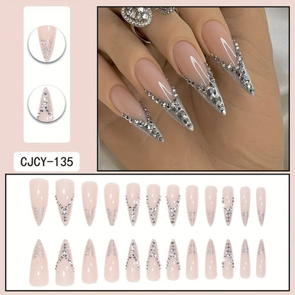 24pcs Luxe Almond-Shaped Glitter Press-On Nails with Sparkling Rhinestones Easy-to-Apply Full Cover Fake Nails for Chic Occasions & Daily Wear