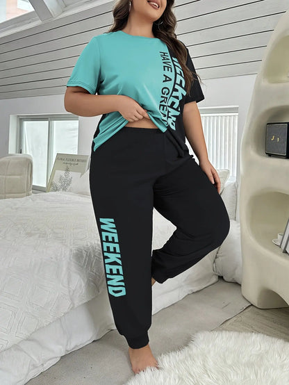 Plus Size "Have a Great Weekend" Print Short Sleeve Pajama Set - Casual, All-Season Polyester Pajamas with Relaxed Fit, Ideal for Adults, Relaxed Fit Pajamas | Playful Print Design | Polyester Fabric Chic Le'Meek