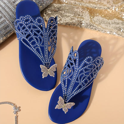 Stylish Womens Flat Heel Slide Sandals - Faux Leather Upper, Rhinestone Butterfly Decor, Slip-on Closure, Lightweight, Open Toe, Rubber Sole, Perfect for Summer Fashion