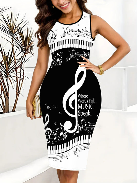 Plus Size Elegant Music Note Print Bodycon Tank Dress - Crew Neck, Medium Stretch Polyester, Machine Washable - Perfect for Spring and Summer