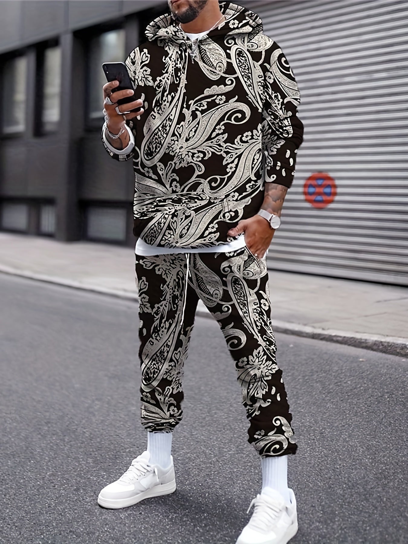 Casual Sporty Two-Piece Outfit With All-over Digital Pattern Print, Long Sleeve Hoodie And Pants Co Ord Set