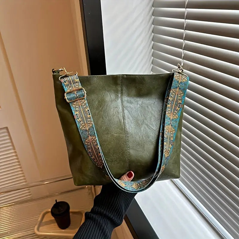 [Vintage Tote Bag] Large Vintage Tote Bag | Crossbody Bag with Removable Strap, Zipper Closure, Polyester Lining, Random Printing, No Edge Paint, for Women, Black/Beige/Rose Red/Pink/Light Grey/Blue/Light Green/Green/Light Br Chic Le'Meek