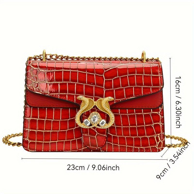 Women's Elegant Crocodile Pattern Handbag, Luxury Square Bag, PU Material, Chain Strap Shoulder & Crossbody Purse