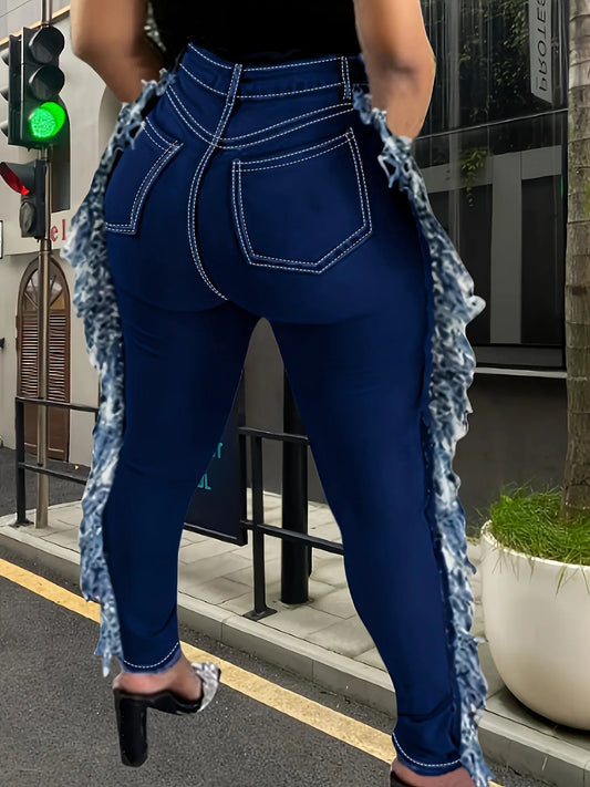 [Comfortable Oversized Jeans] High Waisted Comfortable Oversized Jeans | Deep Blue Fringed Diagonal Pockets, Distressed Fringed, Y2K Fringed Leggings, Tight Pants, Elastic, Casual And Fashionable Chic Le'Meek